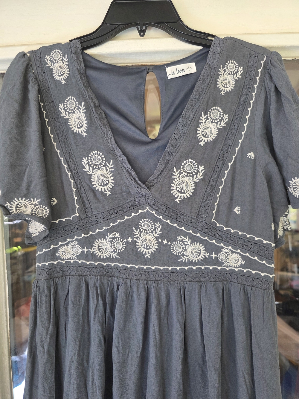 In Loom Smokey Blue Boho Dress Floral Embroidery Flowy Sz Large Maxi - Picture 3 of 5